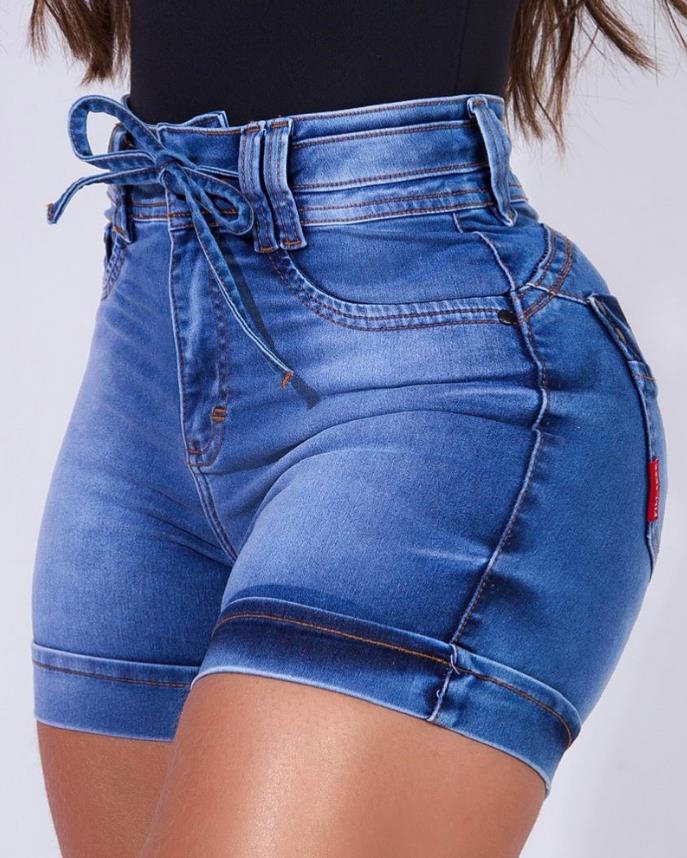 Drawstring High Waist Roll Cuff Denim Skinny Shorts