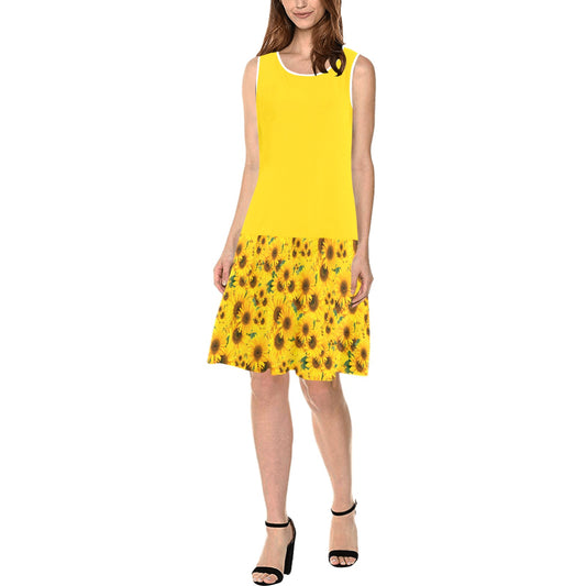 TRP Floral Print 04: Sunflowers 01 Designer Sleeveless Splicing Shift Dress (5 colors)