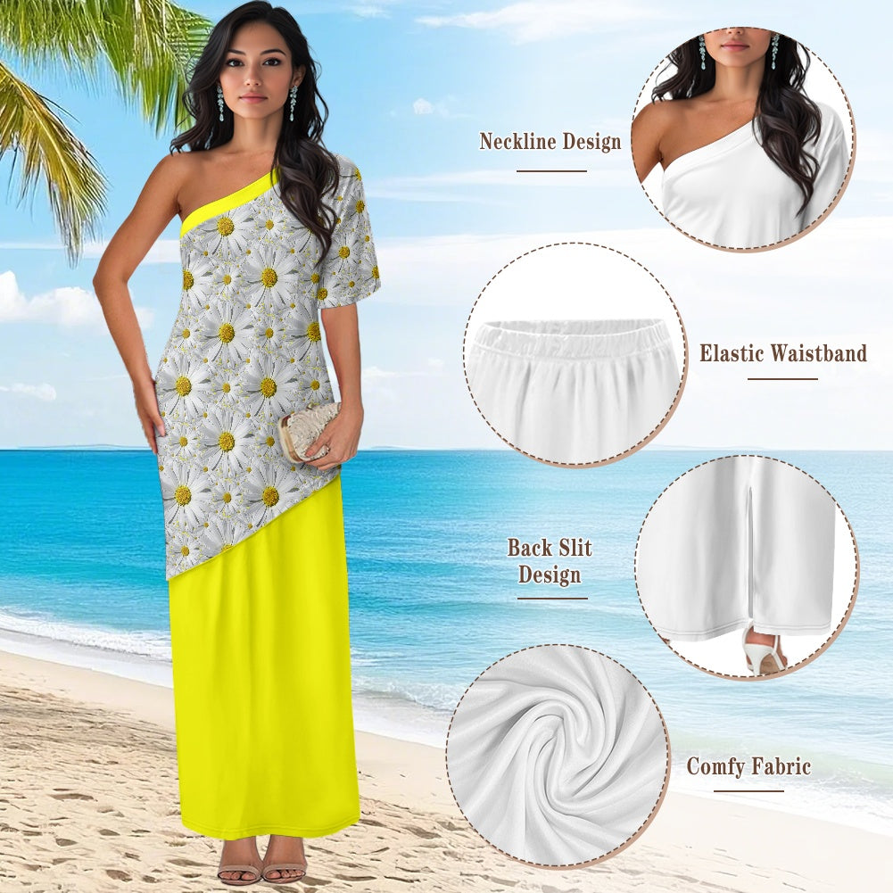 TRP Floral Print 08: English Daisies 01 Designer One-shoulder Two Piece Dress