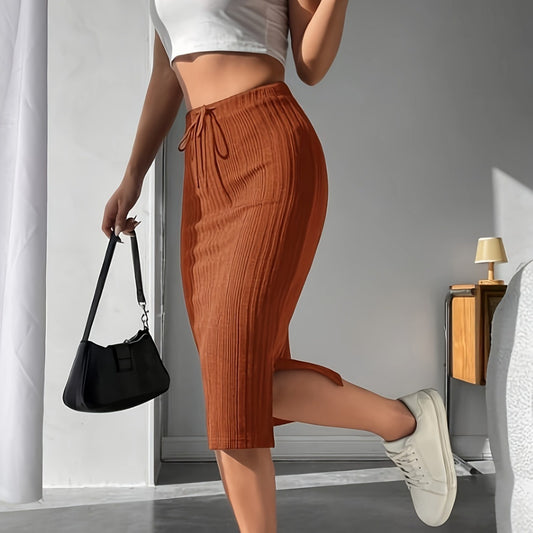 Caramel Color High Waist Knit Drawstring Pencil Midi Skirt