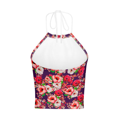 TRP Floral Print 03: Hibiscus Flowers 01-01 Tropical Bloom Backless Halter Crop Top