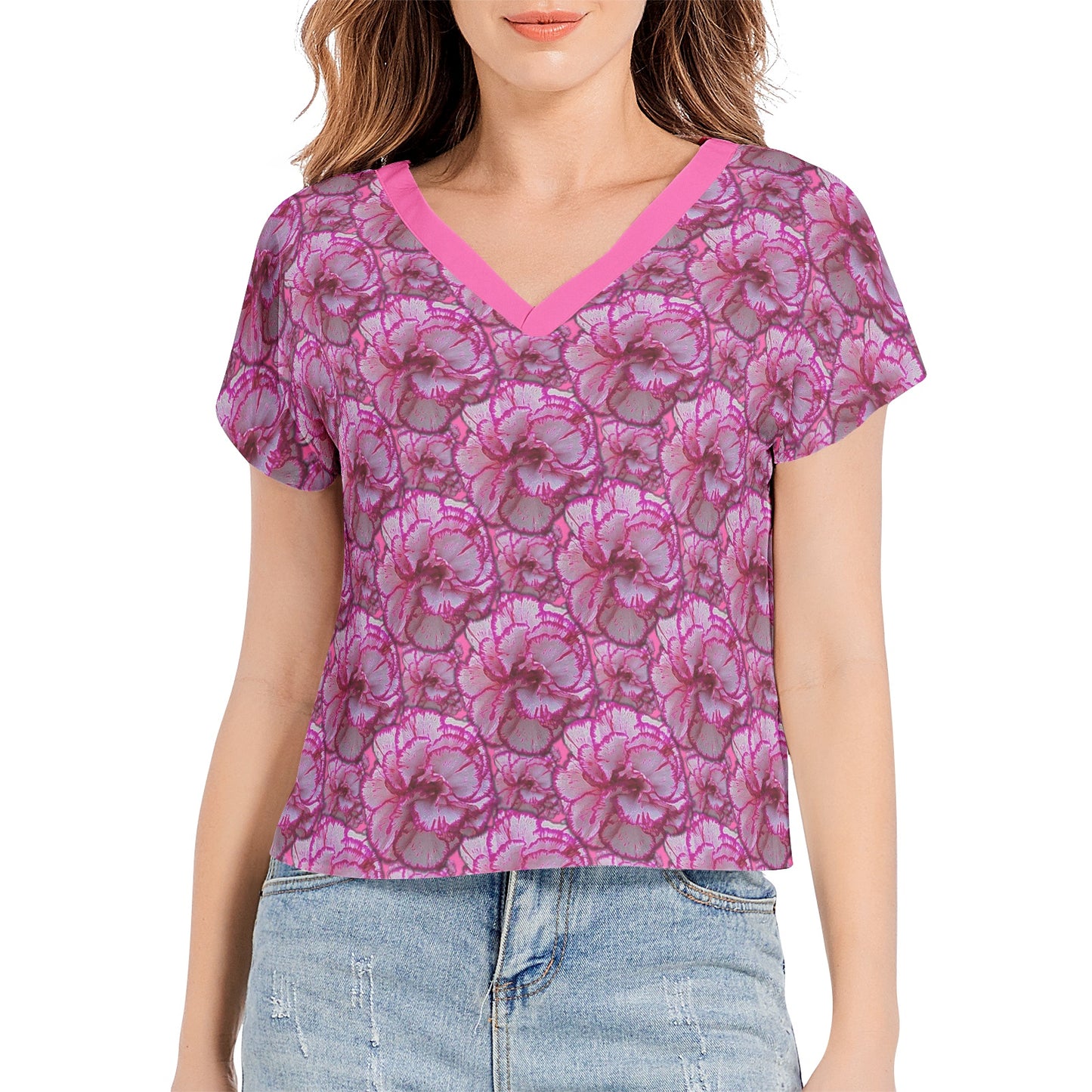 TRP Floral Print 02: Carnations 01 Designer Batwing Sleeve V-neck Blouse