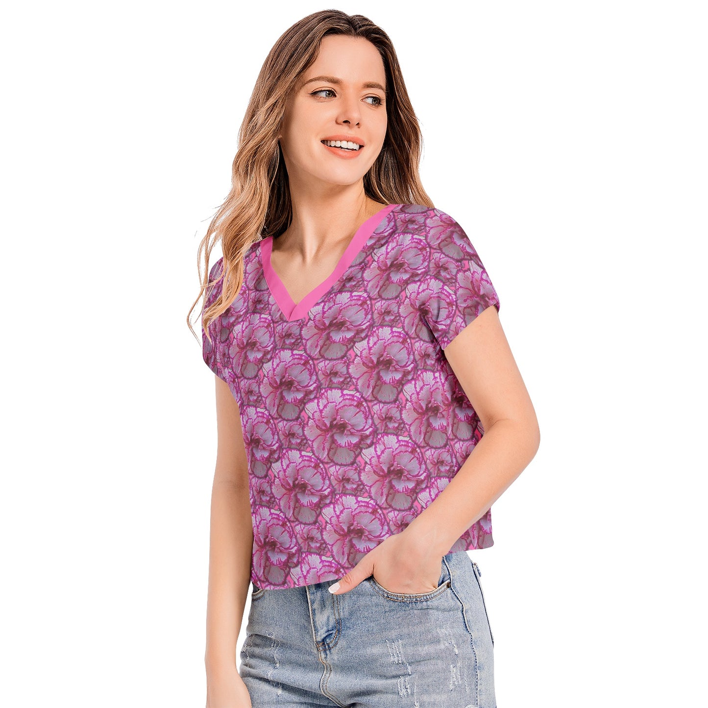 TRP Floral Print 02: Carnations 01 Designer Batwing Sleeve V-neck Blouse