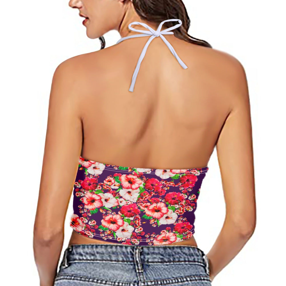 TRP Floral Print 03: Hibiscus Flowers 01-01 Tropical Bloom Backless Halter Crop Top