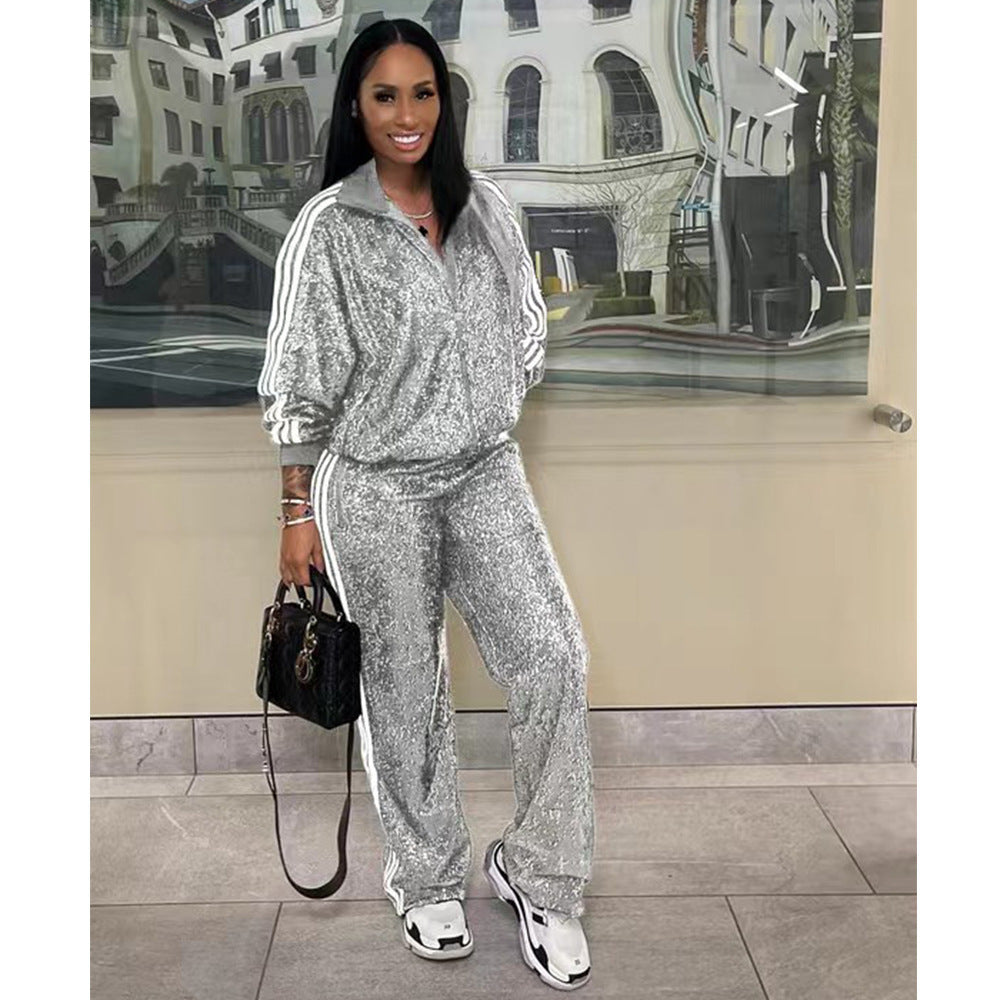 Striped Sequin Tracksuit (Silver/Black)