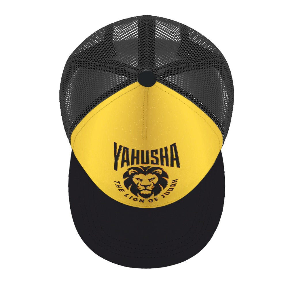 Yahusha-The Lion of Judah 02-02 Designer Flat Brim Trucker Cap with Black Mesh