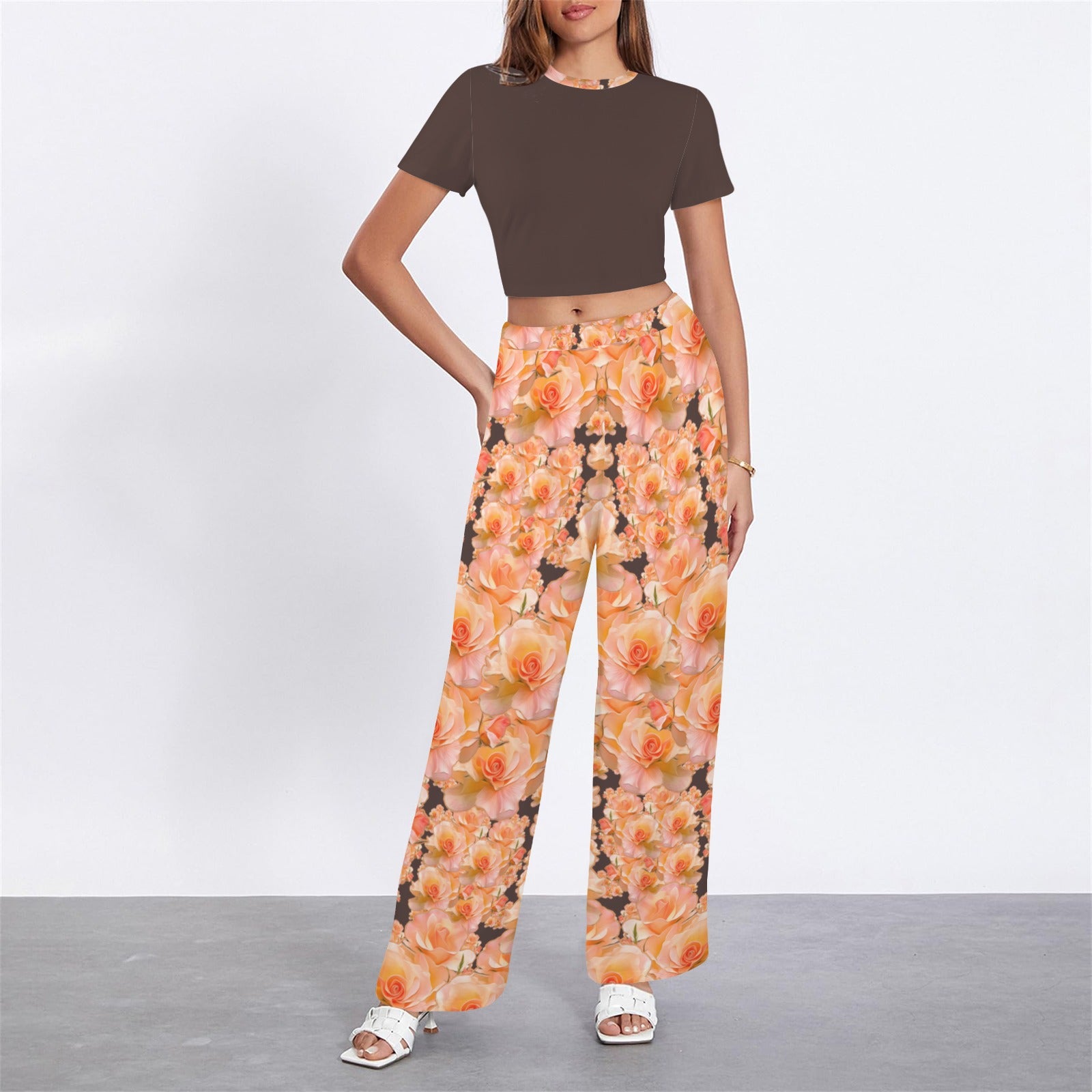 Floral Embosses: Roses 03 -02 "Sunset Rose Elegance" Crop Top & Wide Leg Pants Set
