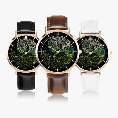 Tree of Life - As above, so below by KTJ Designer Ultra Thin Rose Gold 33/38/41mm Quartz Unisex Watch with Leather Strap and Indicators (White/Black/Brown Strap)