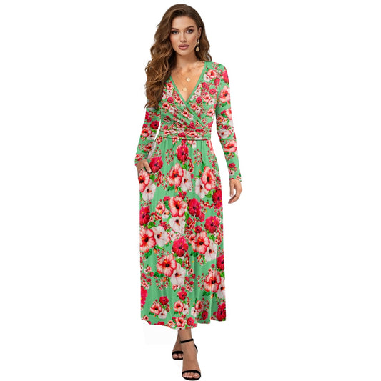 TRP Floral Print 03: Hibiscus Flowers 01-02 Tropical Bloom Long Sleeve Maxi Dress
