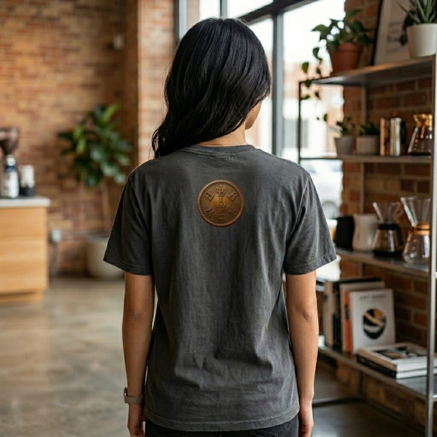 Rear view of a woman in a black garment dyed tee with a circular gold "I AM" badge on the back neck, in a room with a brick wall.