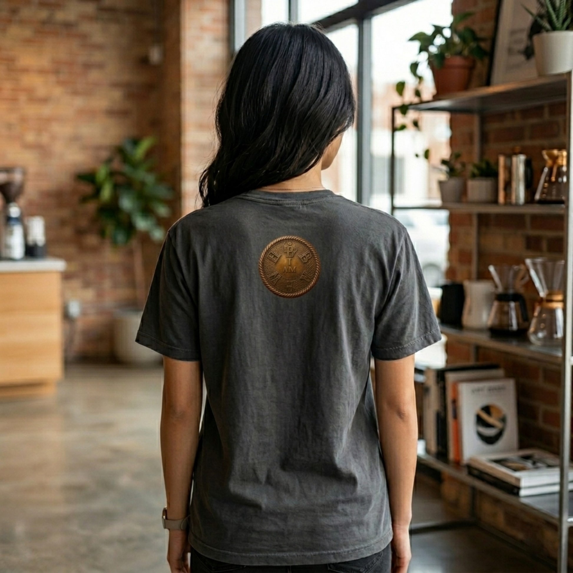 Rear view of a woman in a black garment dyed tee with a circular gold "I AM" badge on the back neck, in a room with a brick wall.