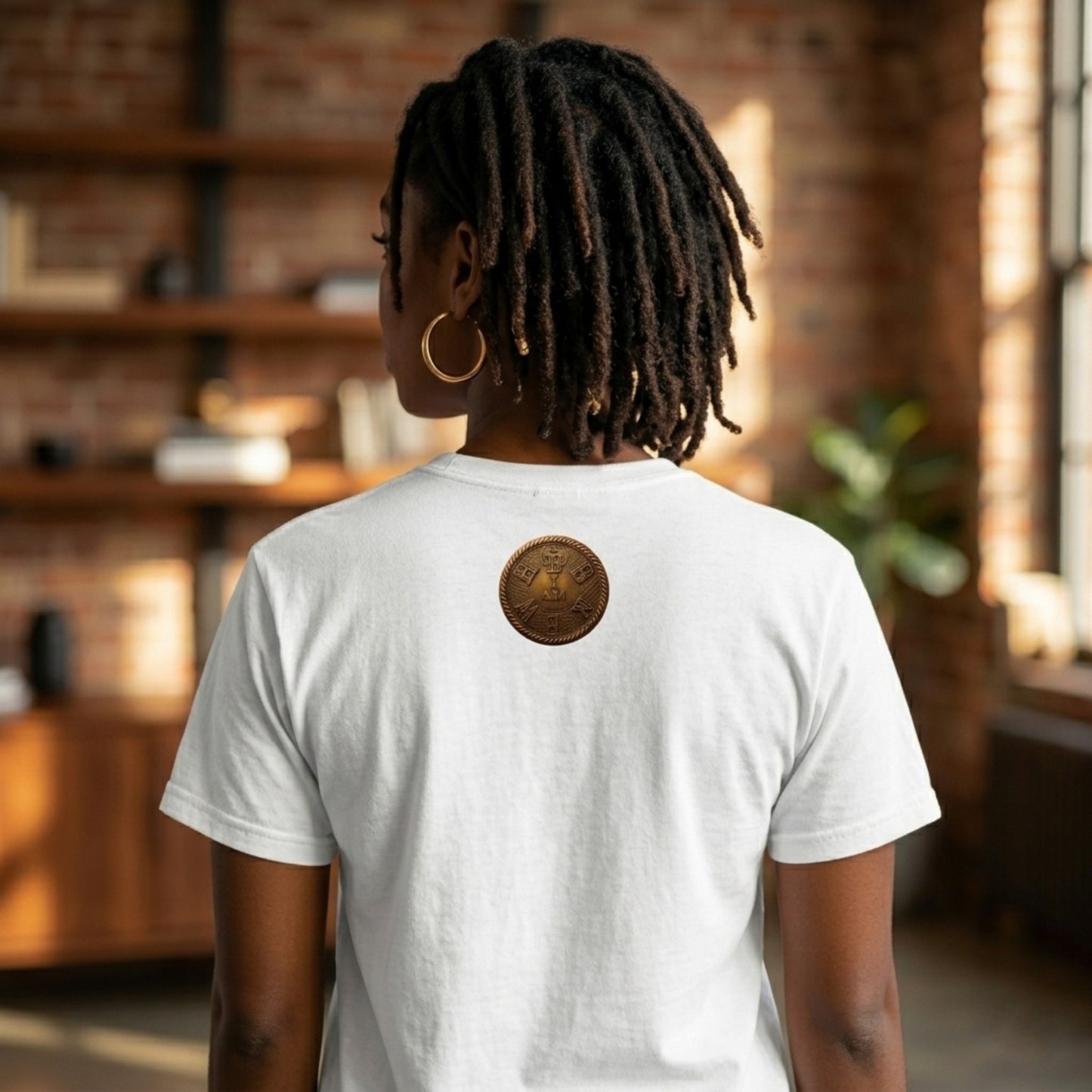 Rear view of a woman with dreadlocks wearing a white heavyweight tee with a circular gold "I AM" badge on the back, in a room with wooden shelves.
