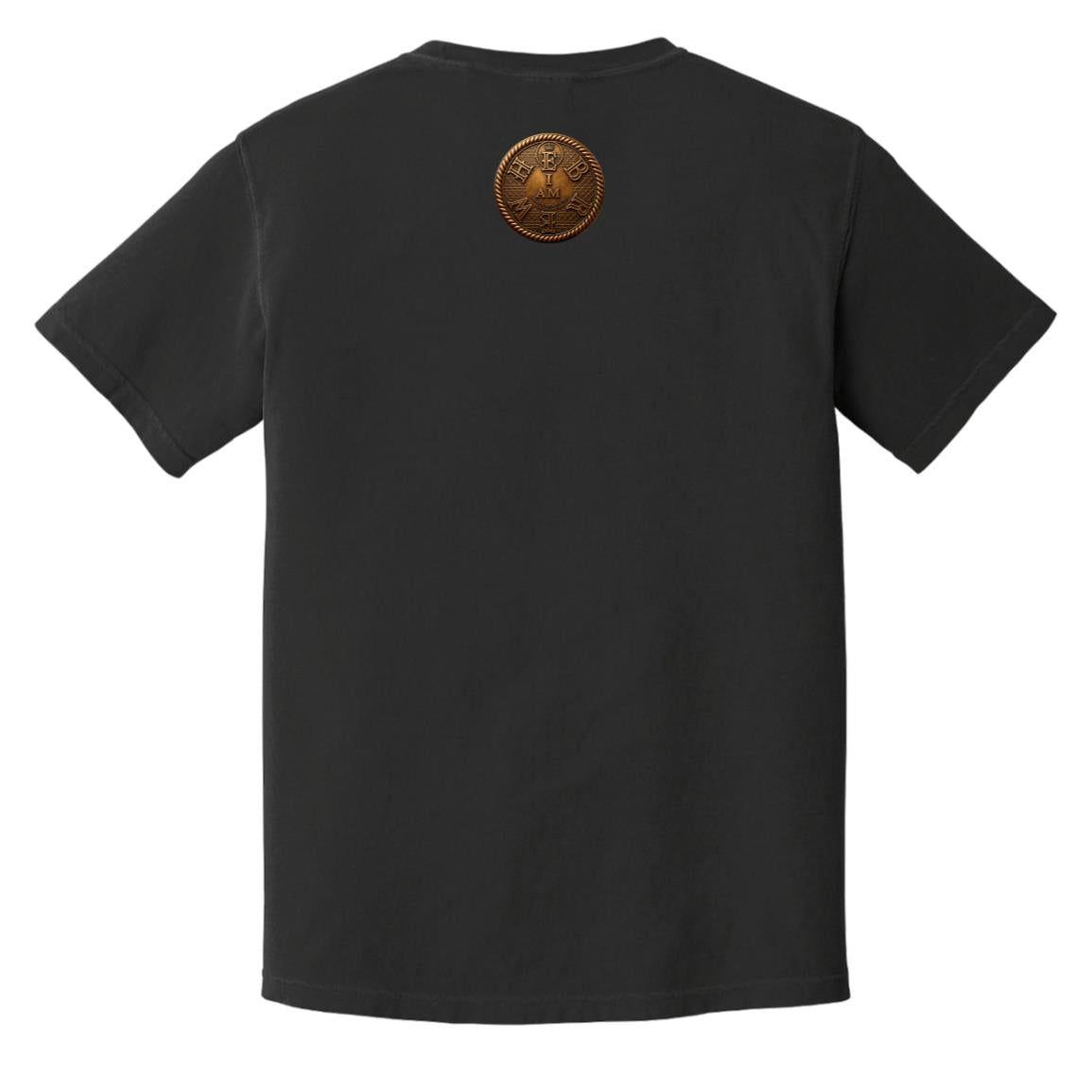 Flat lay of a black adult heavyweight tee showing the back with a circular gold "I AM" badge below the collar.
