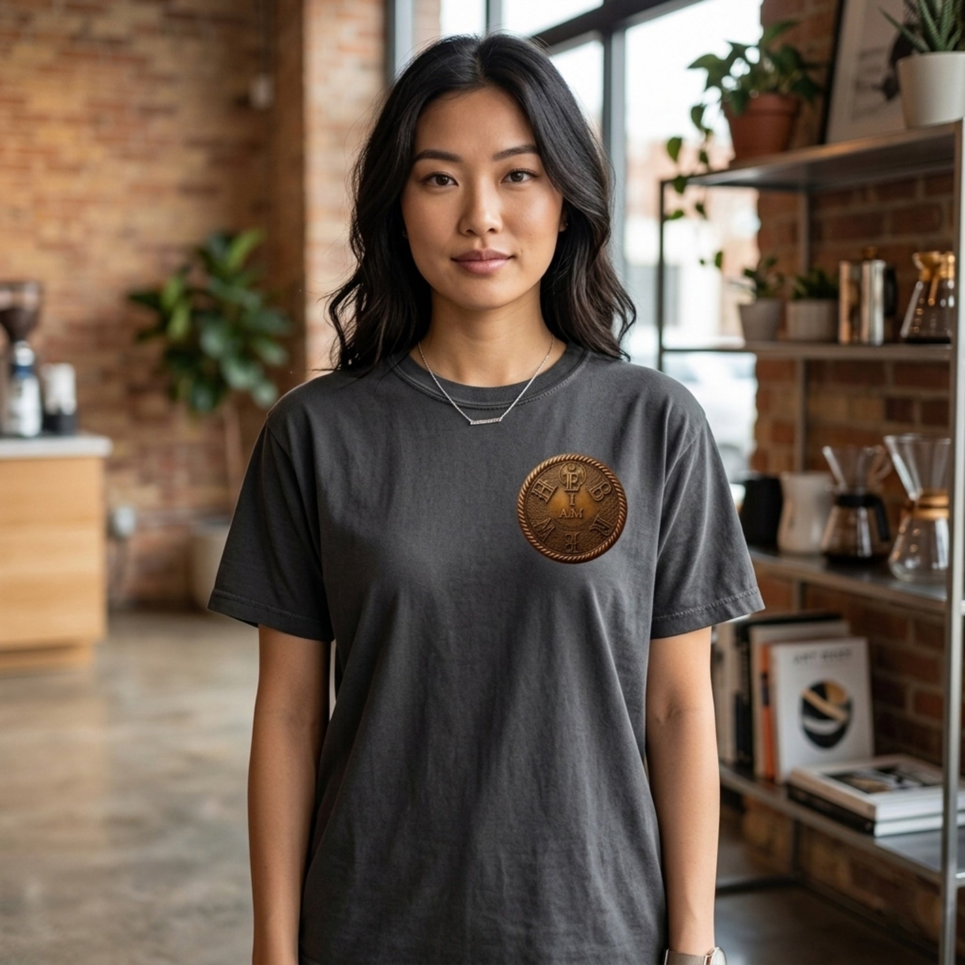 A woman wearing a black garment dyed tee with a circular gold "I AM" badge on the chest, in a room with a brick wall.