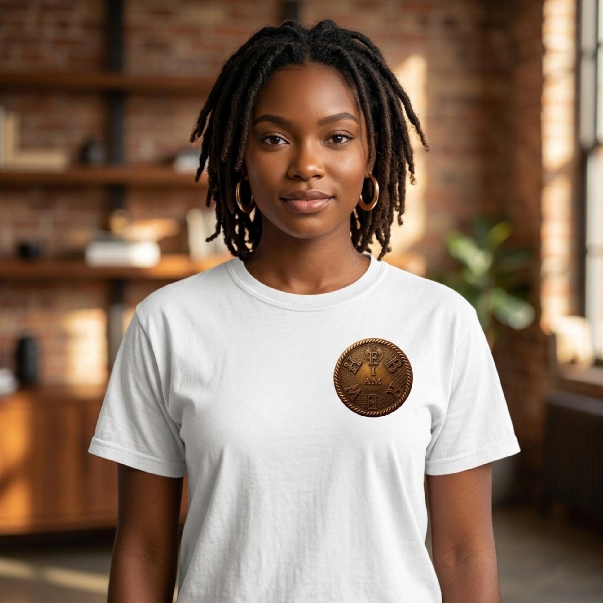 A woman with dreadlocks wearing a white heavyweight tee with a circular gold "I AM" badge, in a room with wooden shelves.