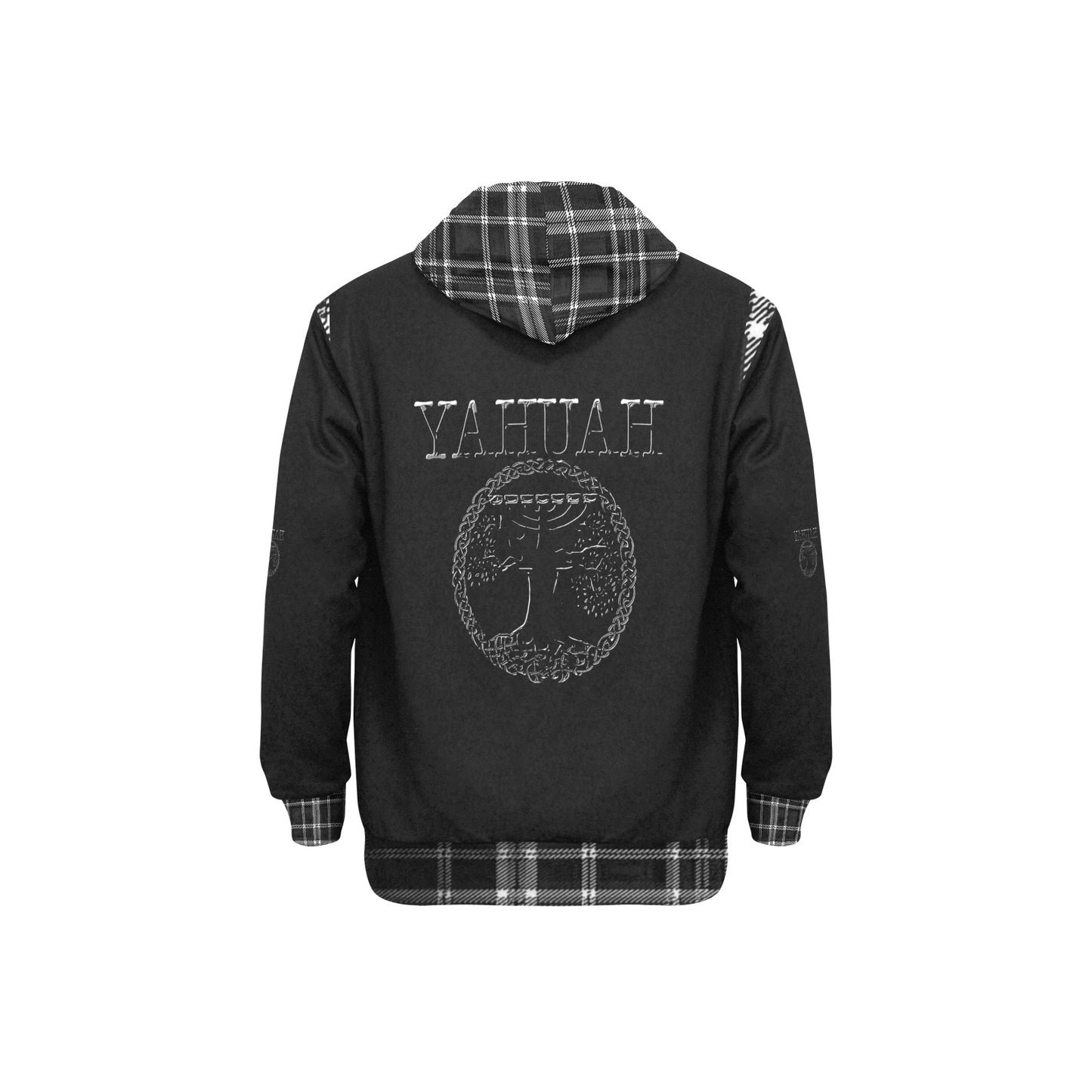 Yahuah-Tree of Life 02-04 + Digital Plaid 01-06A Men's Designer High Neck Fleece Lined Pullover Hoodie