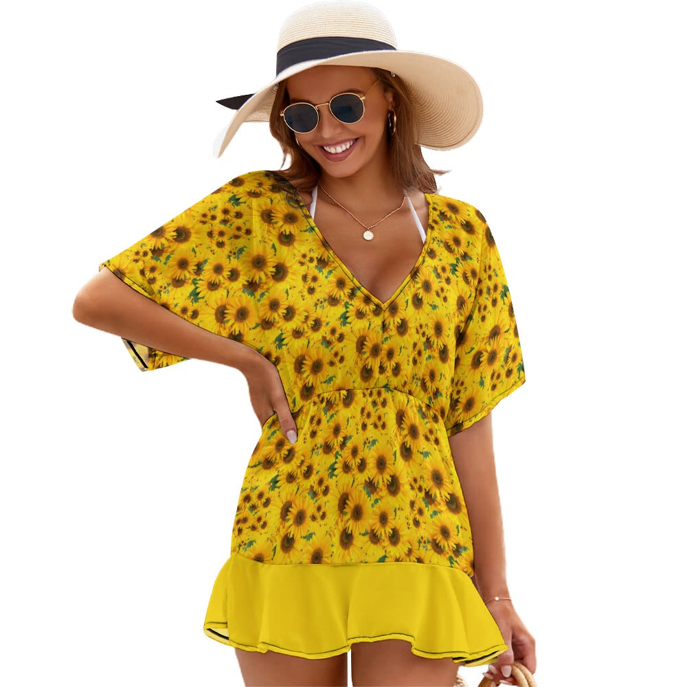 TRP Floral Print 04: Sunflowers 01 Designer Smocked Ruffle Hem Dress (3 colors)