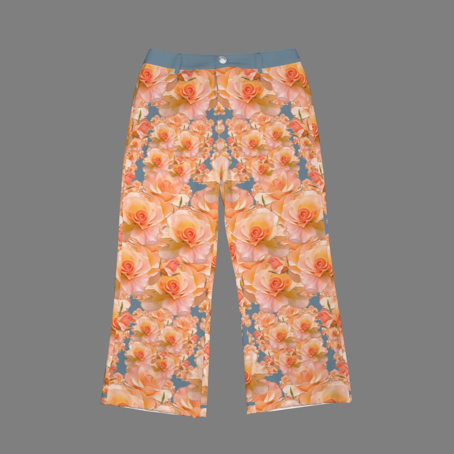 Front product shot of the Apricot Bloom high-rise cropped pocket flare pants featuring a peach rose pattern and blue waistband.