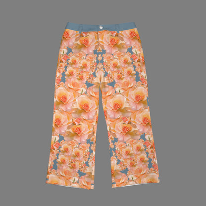 Front product shot of the Apricot Bloom high-rise cropped pocket flare pants featuring a peach rose pattern and blue waistband.