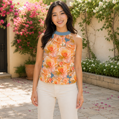 A smiling woman wearing the Apricot Bloom sleeveless mock-neck blouse with a vibrant orange rose pattern and blue trim, paired with white pants.