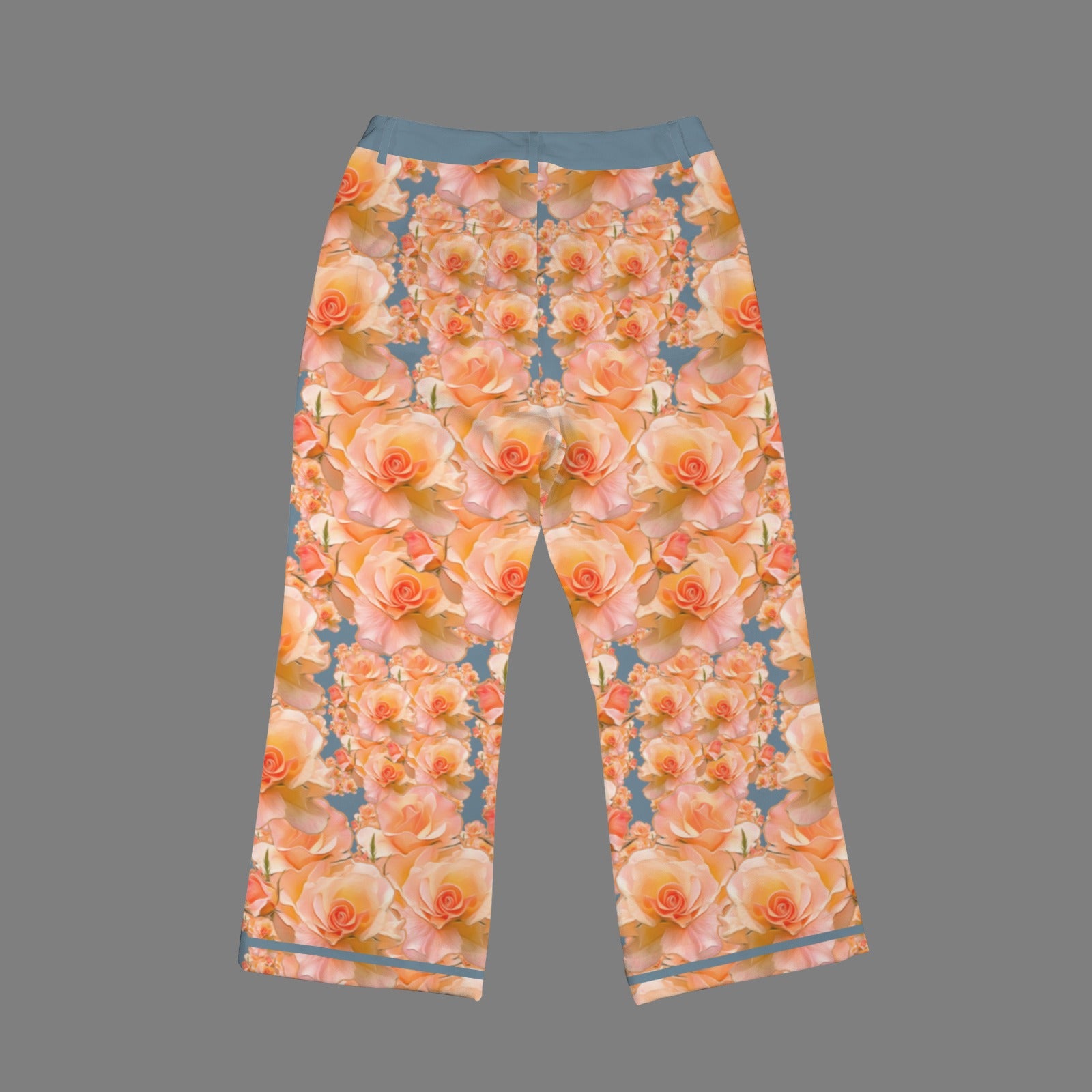 Back product view of the Apricot Bloom high-rise cropped pocket flare pants showing the full floral print and blue hem trim.