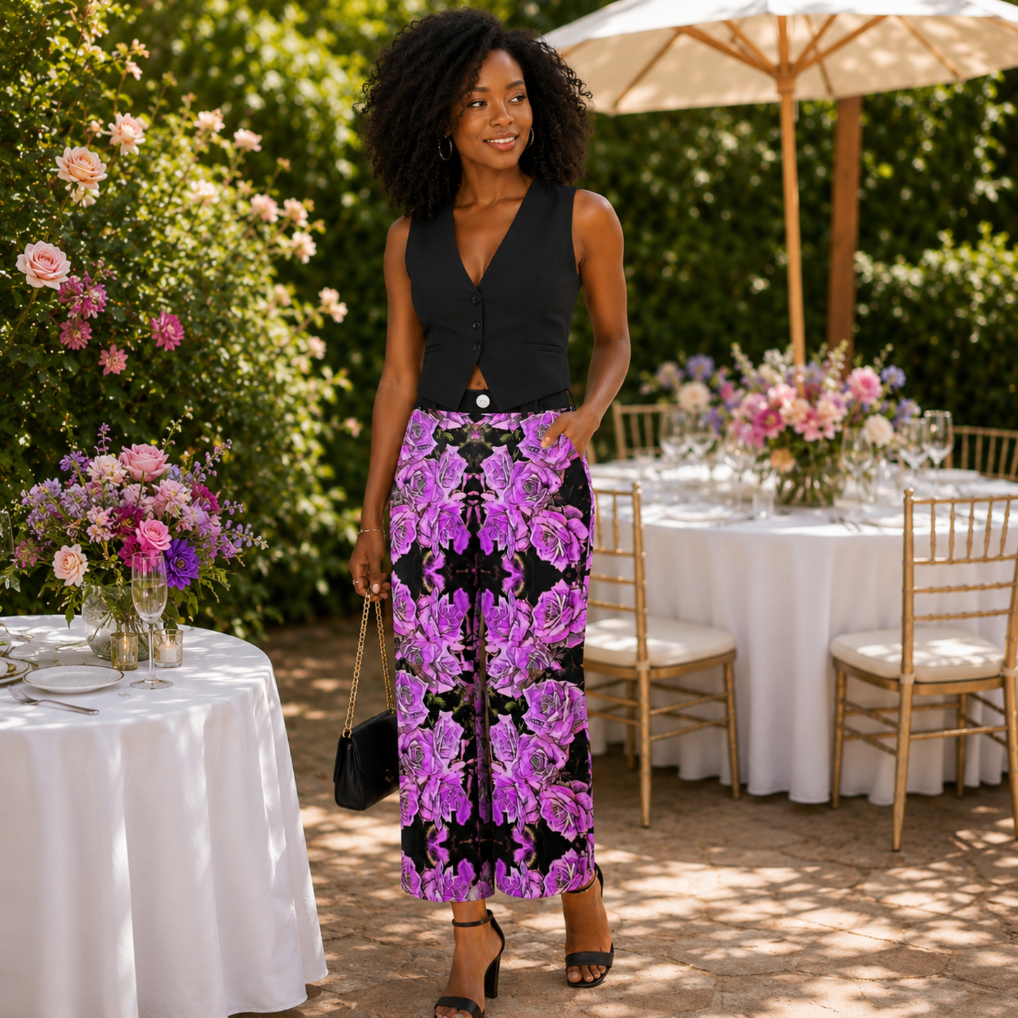 A woman at an outdoor garden party wearing the Argamon high-rise cropped flare pants featuring a vibrant purple embossed floral pattern and a black vest.