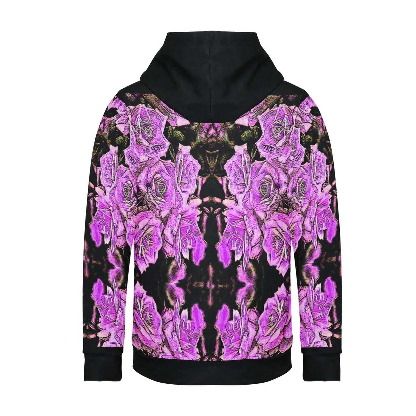 Back view of the Argamon Noble Reflection hoodie displaying the full-coverage embossed rose pattern in shades of violet and black with a solid black hood.