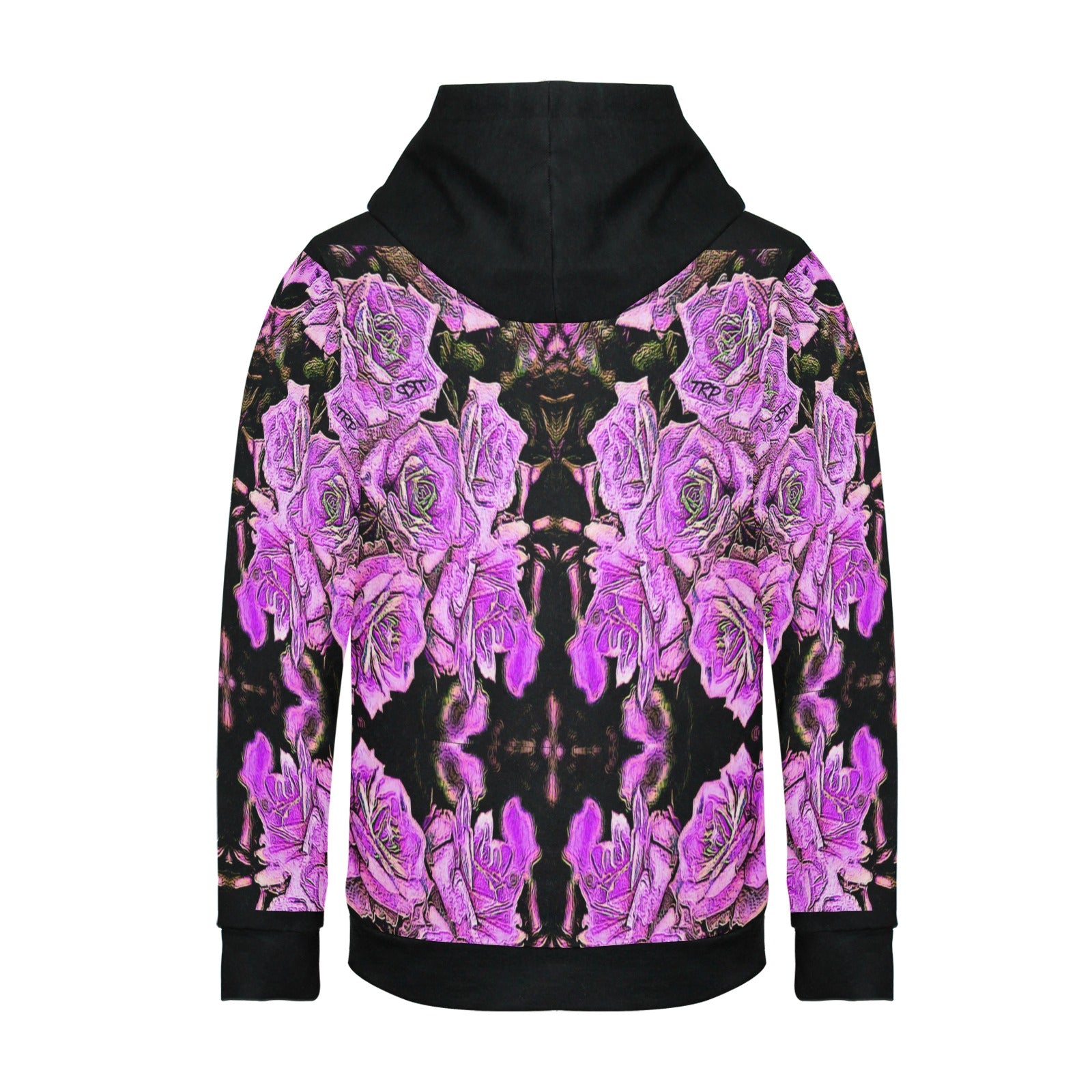 Back view of the Argamon Noble Reflection hoodie displaying the full-coverage embossed rose pattern in shades of violet and black with a solid black hood.