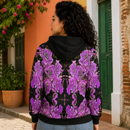 Back view of a woman wearing the Argamon fleece hoodie, showcasing the symmetrical purple rose design and black hood while standing outdoors.