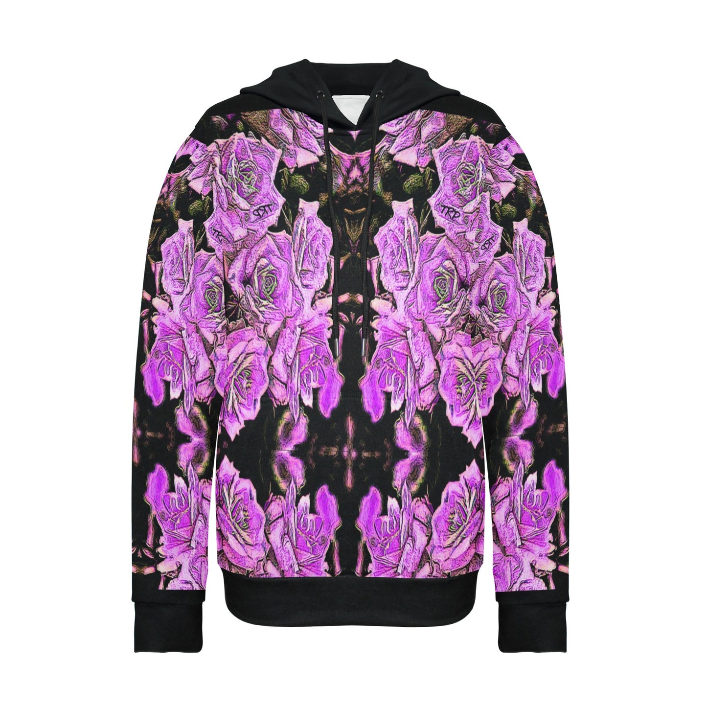 Front view of the Argamon Noble Reflection Women’s Fleece Hoodie with an intricate, mirrored purple floral print and black ribbed cuffs and hem.