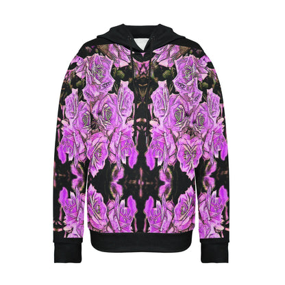 Front view of the Argamon Noble Reflection Women’s Fleece Hoodie with an intricate, mirrored purple floral print and black ribbed cuffs and hem.