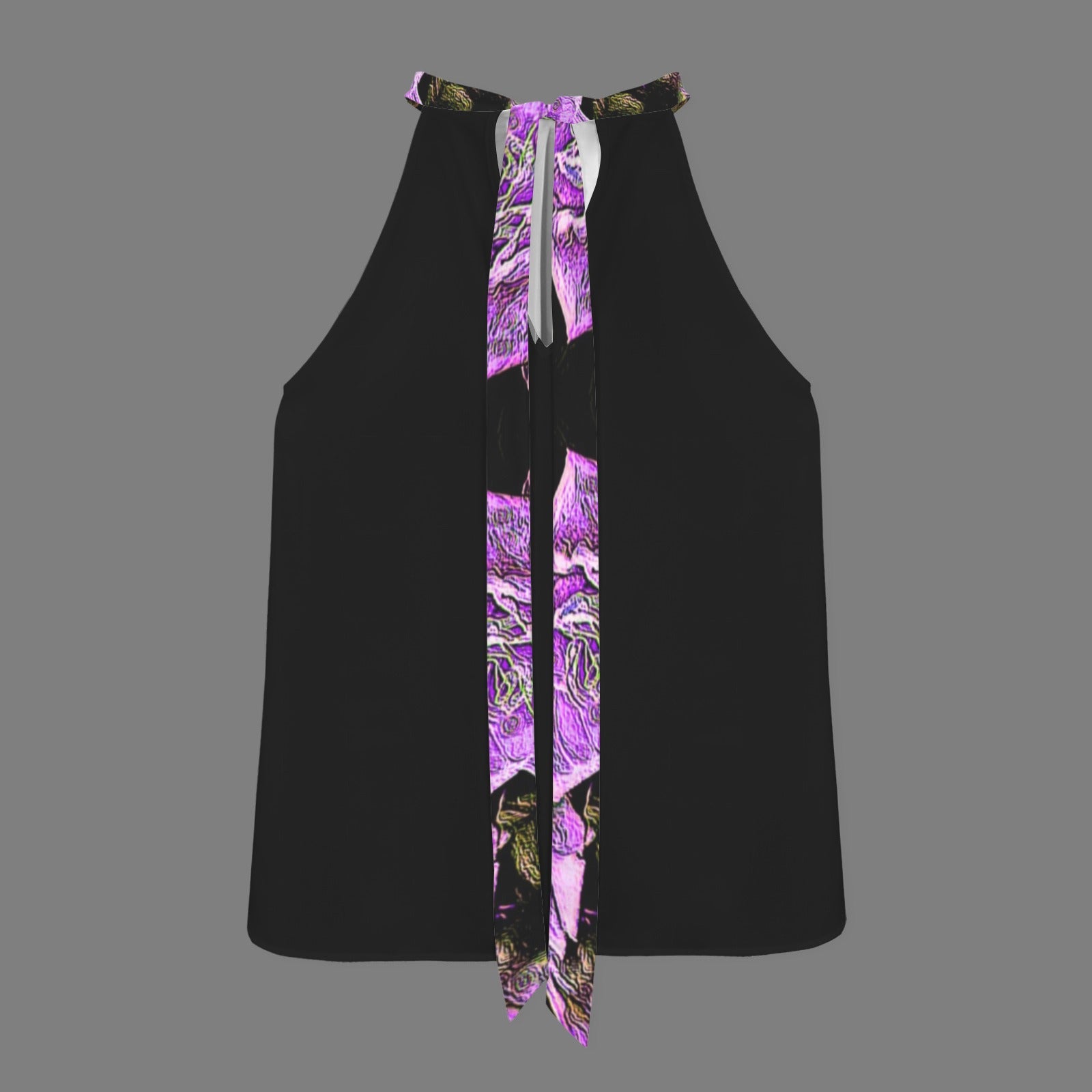 Product shot showing the back of the black mock-neck blouse with its long, trailing purple floral patterned tie neck.