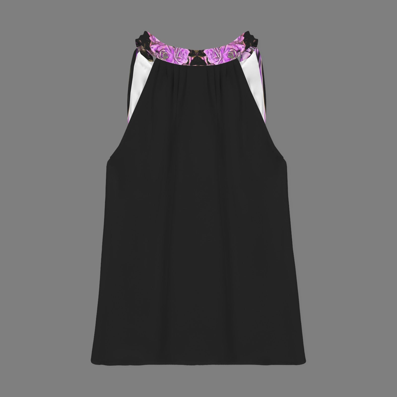 Product shot of the Argamon black sleeveless mock-neck blouse highlighting the purple embossed floral pattern on the collar.