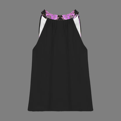 Product shot of the Argamon black sleeveless mock-neck blouse highlighting the purple embossed floral pattern on the collar.