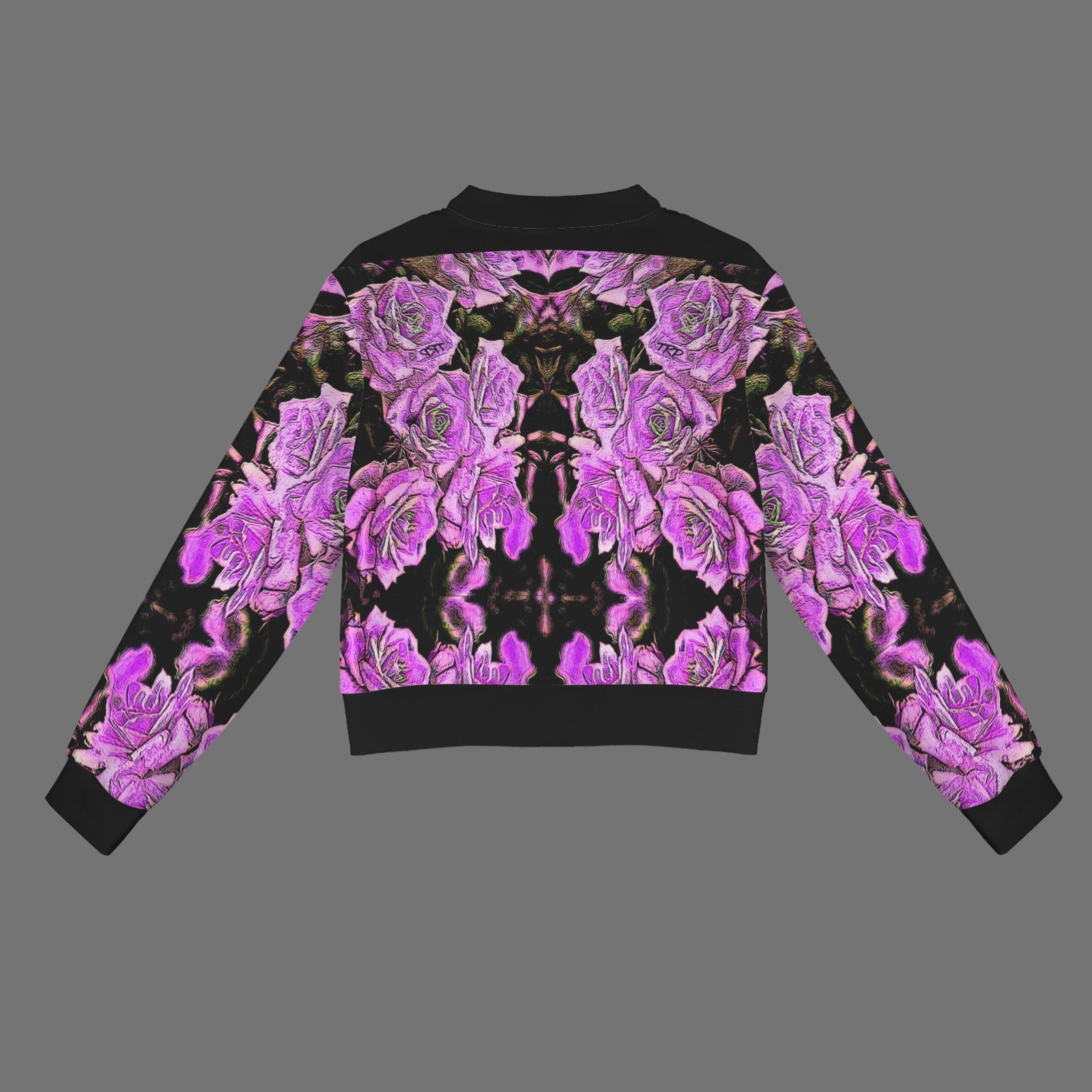Product flat lay of the Argamon women's bomber jacket showcasing the full-coverage purple rose print on the back.