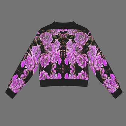 Product flat lay of the Argamon women's bomber jacket showcasing the full-coverage purple rose print on the back.