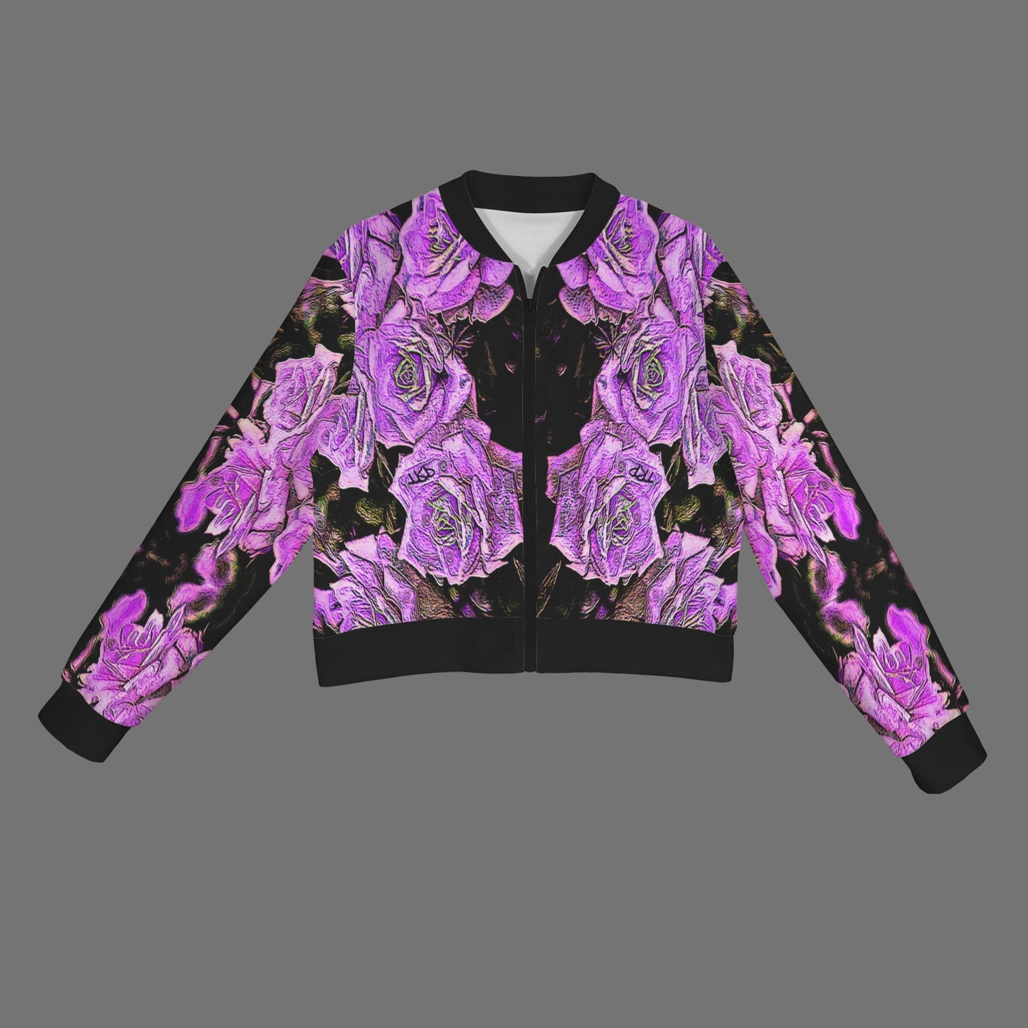 Product flat lay of the Argamon women's bomber jacket showing the vibrant purple floral embossed front design.