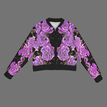 Product flat lay of the Argamon women's bomber jacket showing the vibrant purple floral embossed front design.