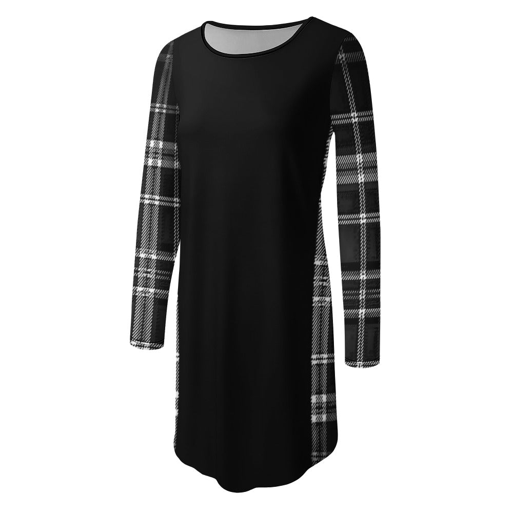 TRP Twisted Patterns 06: Digital Plaid 01-06A Designer Round Neck Long Sleeve Loose Fit Irregular Hem Mini Dress