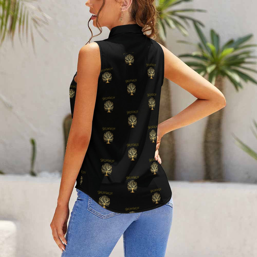 Yahuah-Tree of Life 01-01 Designer Tie Neck Sleeveless Blouse