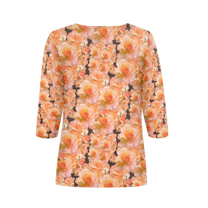 Floral Embosses: Roses 03-02 "Apricot Bloom Essential" Contrast Three-Quarter Sleeve Henley Tunic
