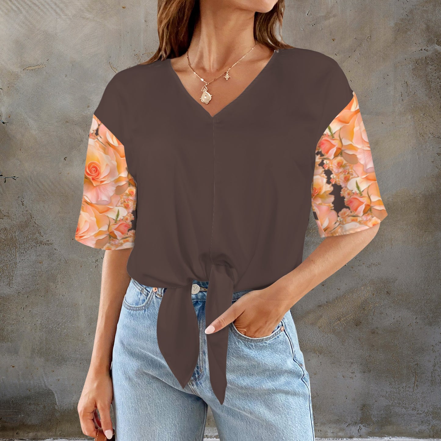 Floral Embosses: Roses 03 -02 "Sunset Rose Elegance" V-neck Knotted Hem Blouse
