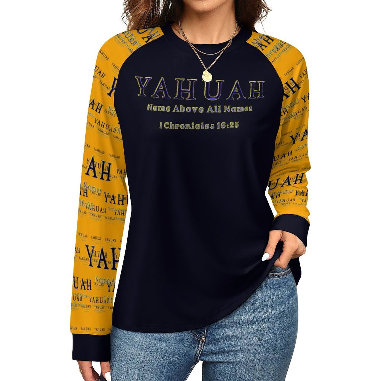 Yahuah-Name Above All Names 02-01 Ladies Designer Long Sleeve Raglan T-shirt