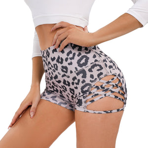 Printed High Waist Yoga Shorts with Side Hollow Design (Camouflage/Leopard Print)