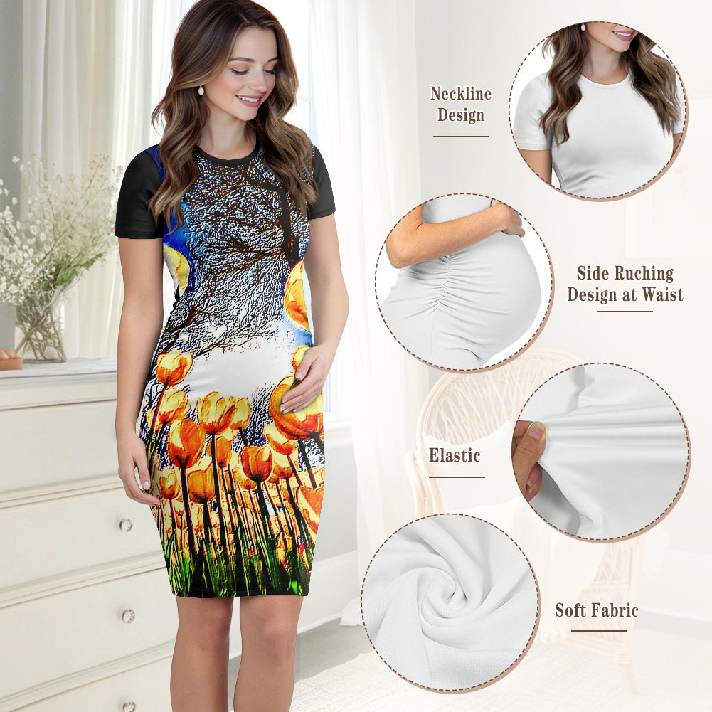 Floral Embosses: Tulip Daydream 01 Designer Maternity Midi T-shirt Dress