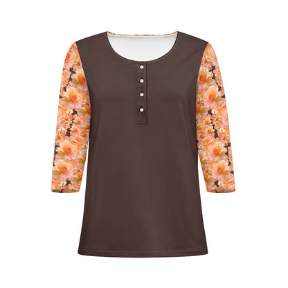 Floral Embosses: Roses 03-02 "Apricot Bloom Essential" Contrast Three-Quarter Sleeve Henley Tunic