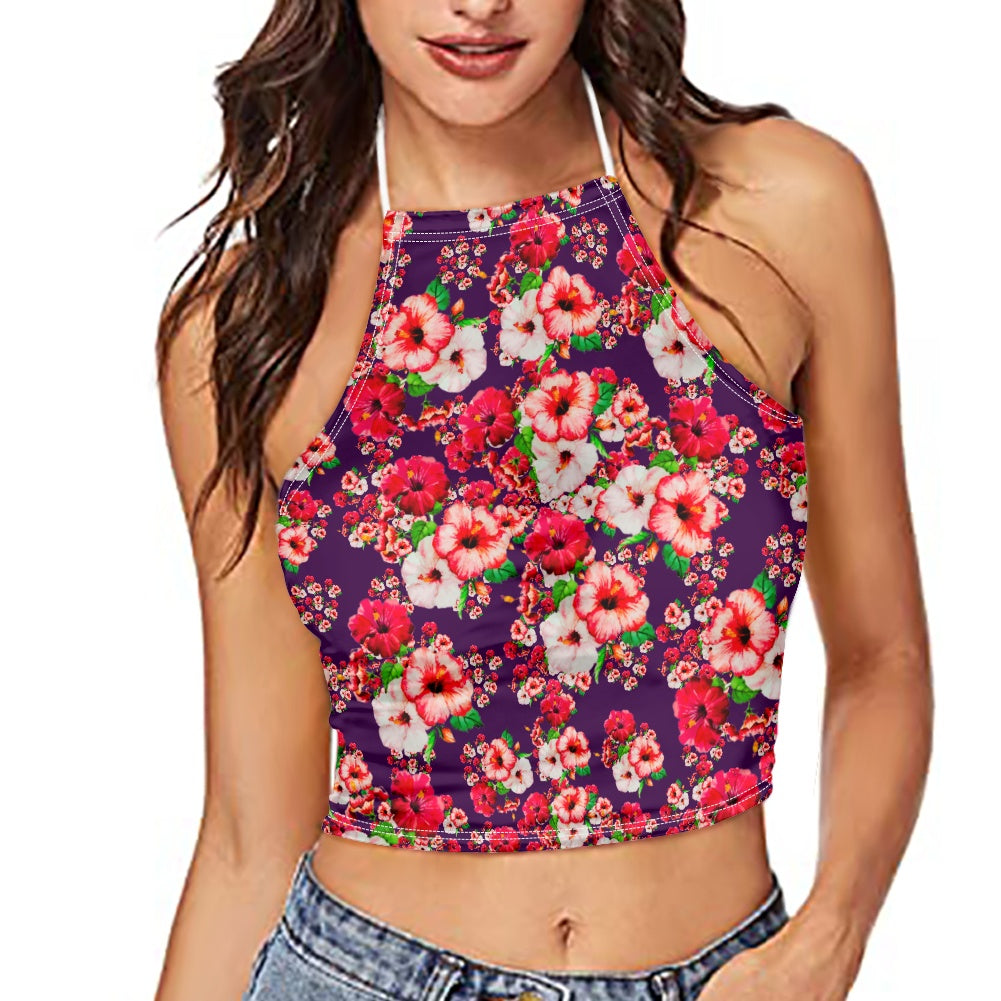TRP Floral Print 03: Hibiscus Flowers 01-01 Tropical Bloom Backless Halter Crop Top