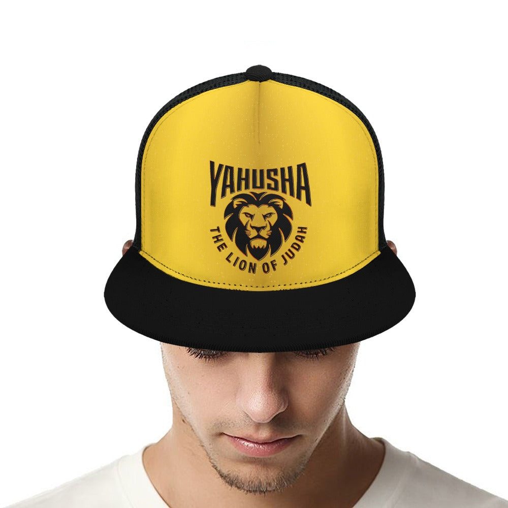 Yahusha-The Lion of Judah 02-02 Designer Flat Brim Trucker Cap with Black Mesh