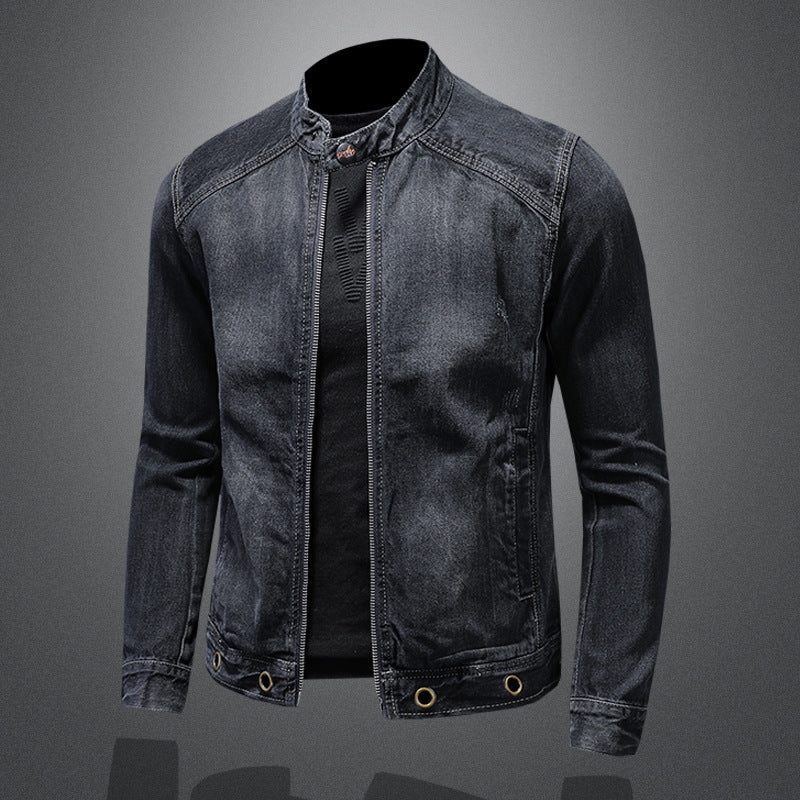 Men's Band Collar Dark Blue Denim Shacket