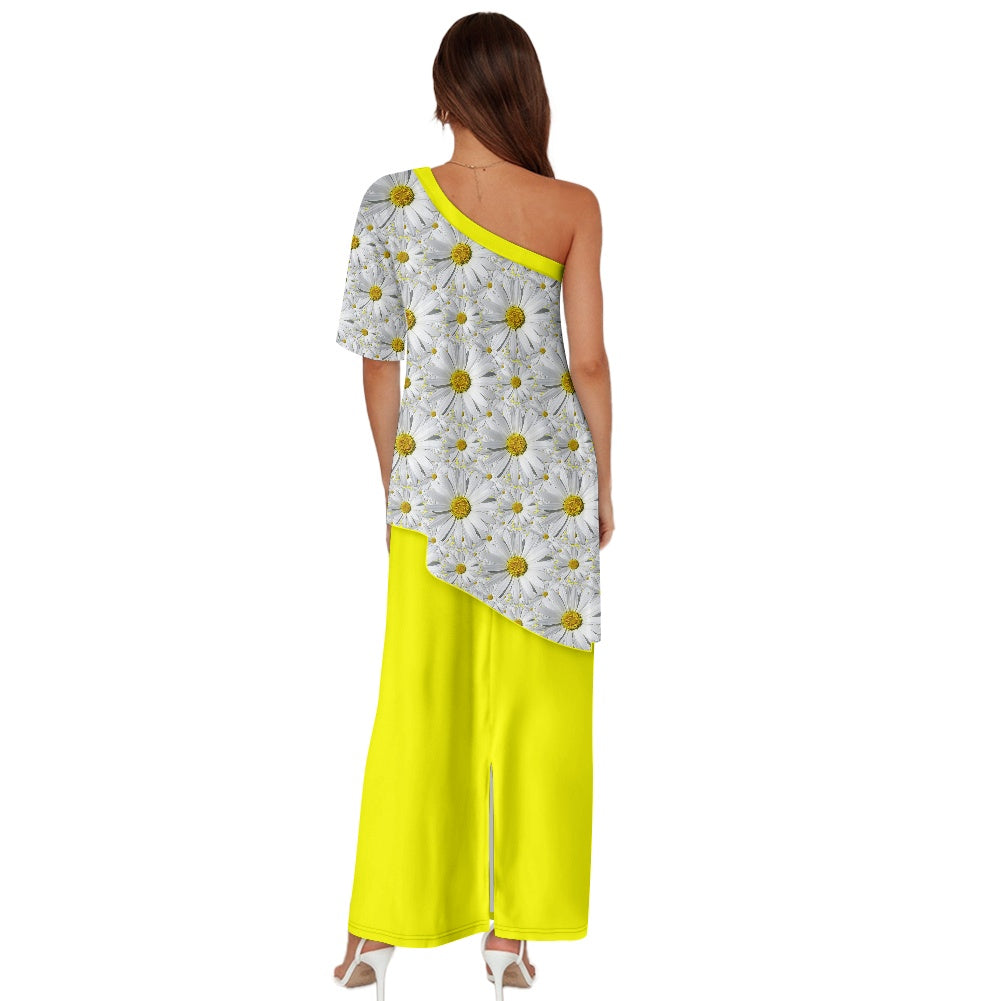 TRP Floral Print 08: English Daisies 01 Designer One-shoulder Two Piece Dress